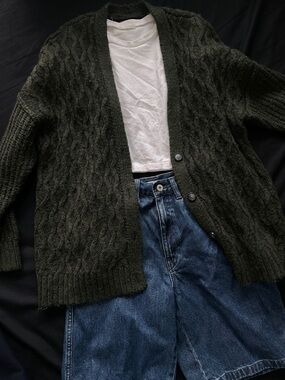 Chunky Cable Knit Cardigan in Olive Green